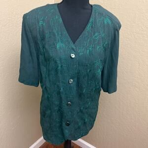 Norton McNaughton Green Embroidered Button Front Blouse Top Womens Size 14